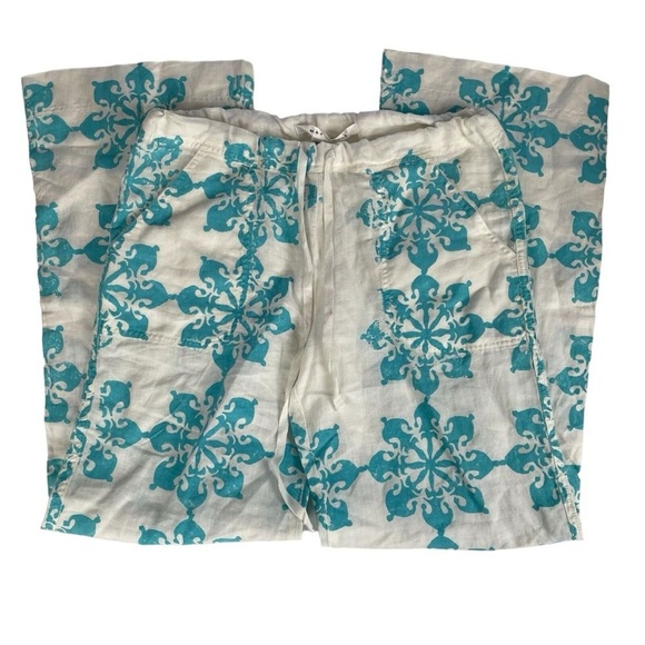 MAX‎ STUDIO White Linen Drawstring Pants with Aqua Stamped Medallion Pattern S - Picture 1 of 9